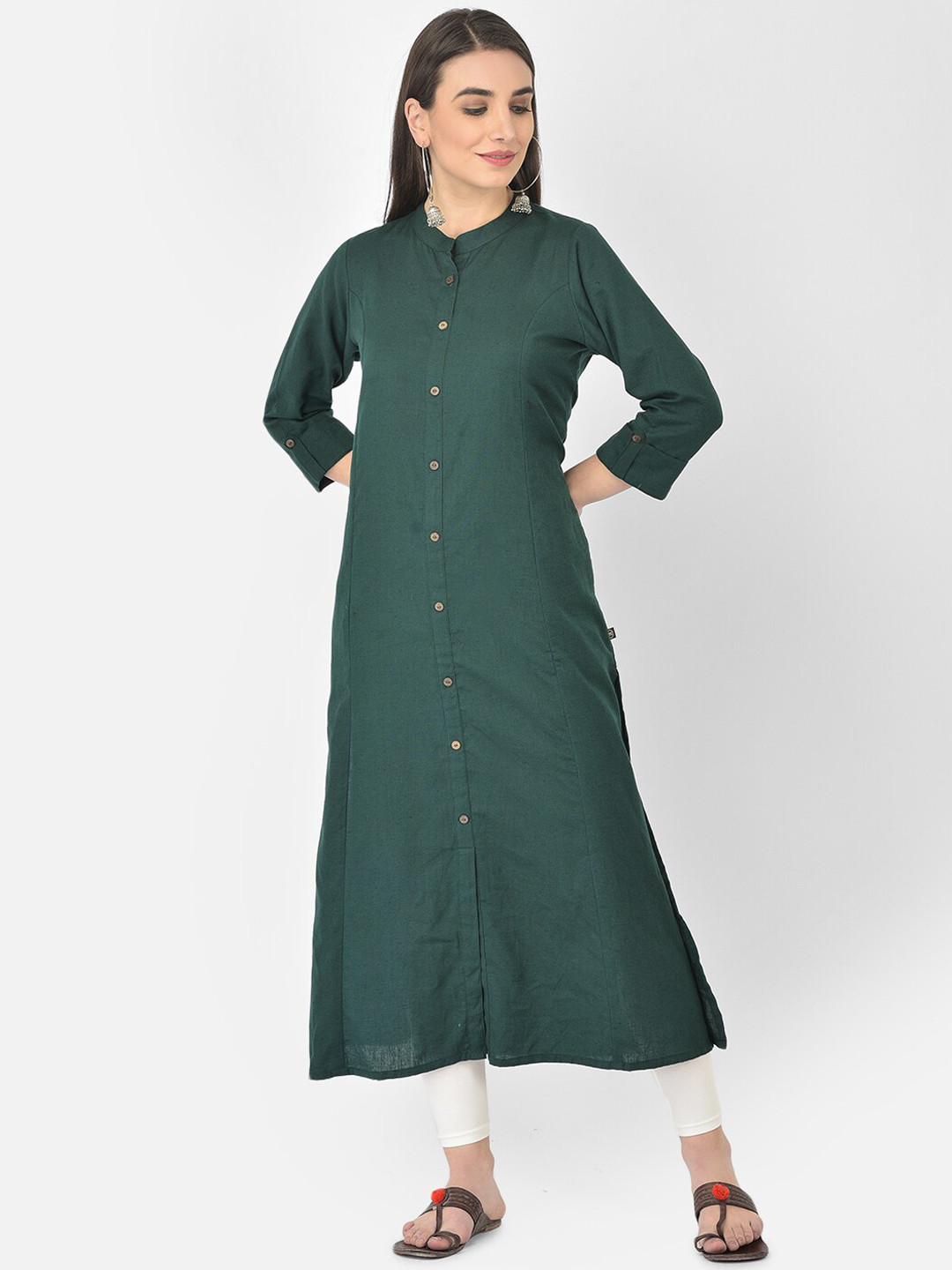 Pistaa Women Green Solid A-Line Cotton Kurta