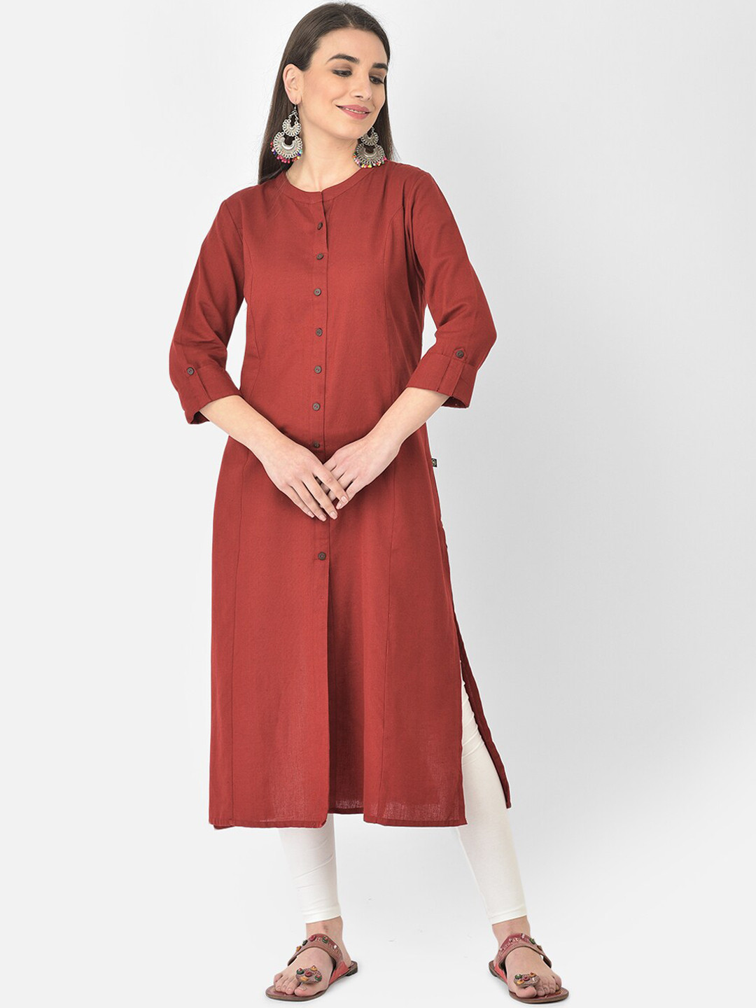 Pistaa Women Maroon Solid Cotton A-Line Kurta
