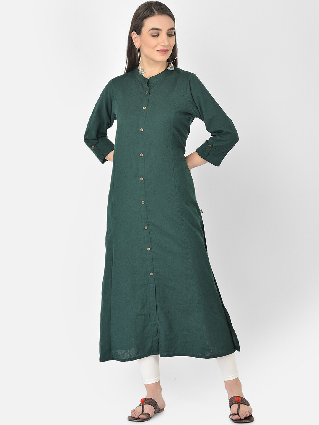 Pistaa Women Green Solid Cotton A-line Kurta