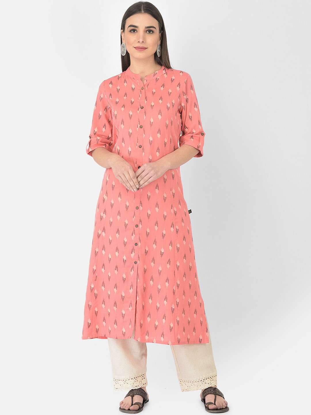 Pistaa Women Peach-Coloured Ikat Screen Printed Cotton A-line Kurta