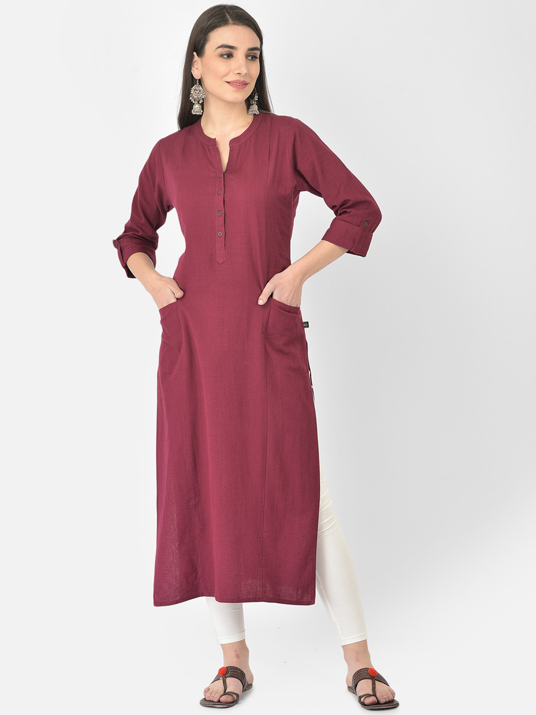 Pistaa Women Wine Solid Cotton Straight Kurta
