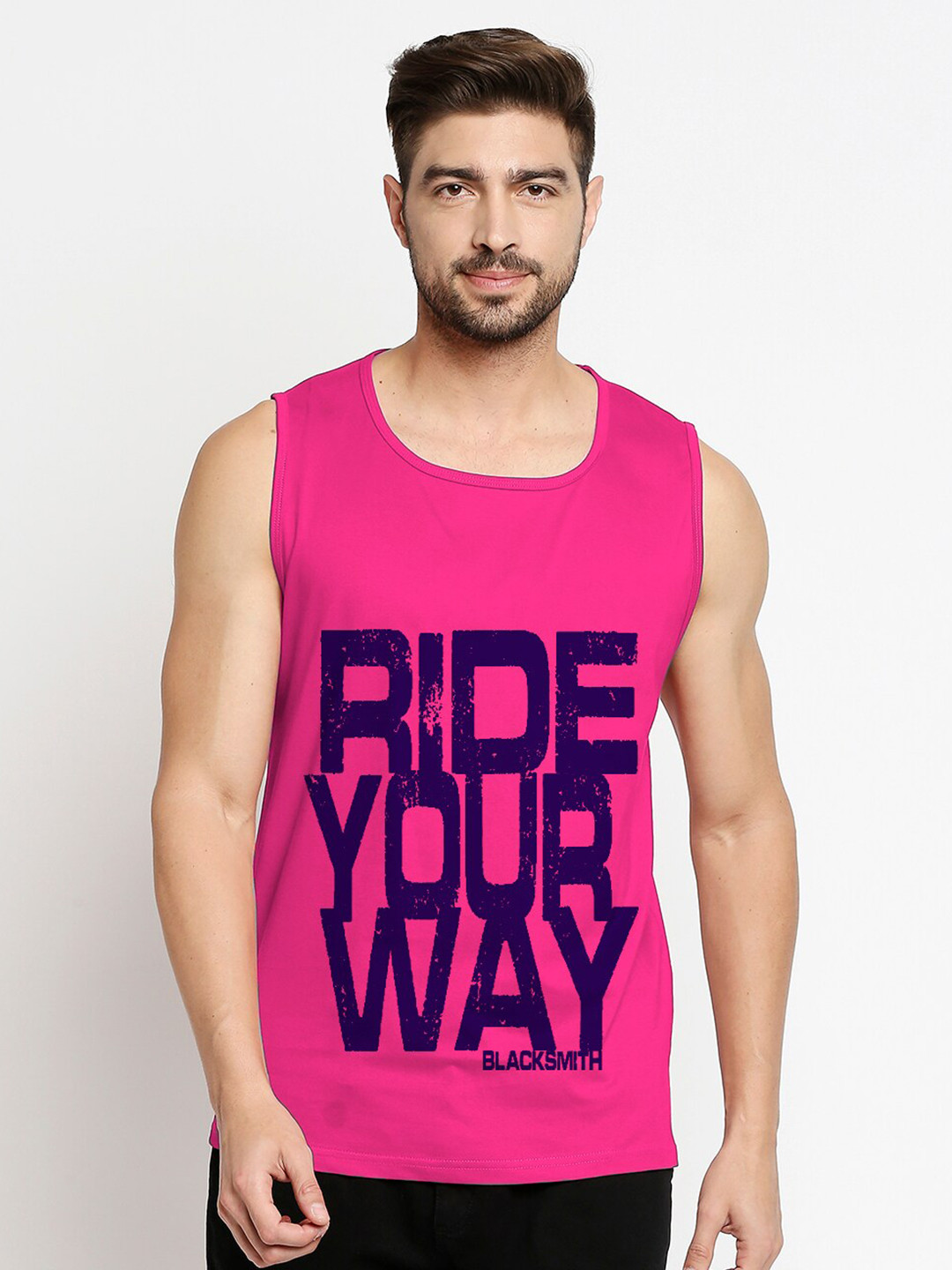 Blacksmith Men Pink & Navy Blue Typography Printed Training or Gym Pure Cotton T-shirt
