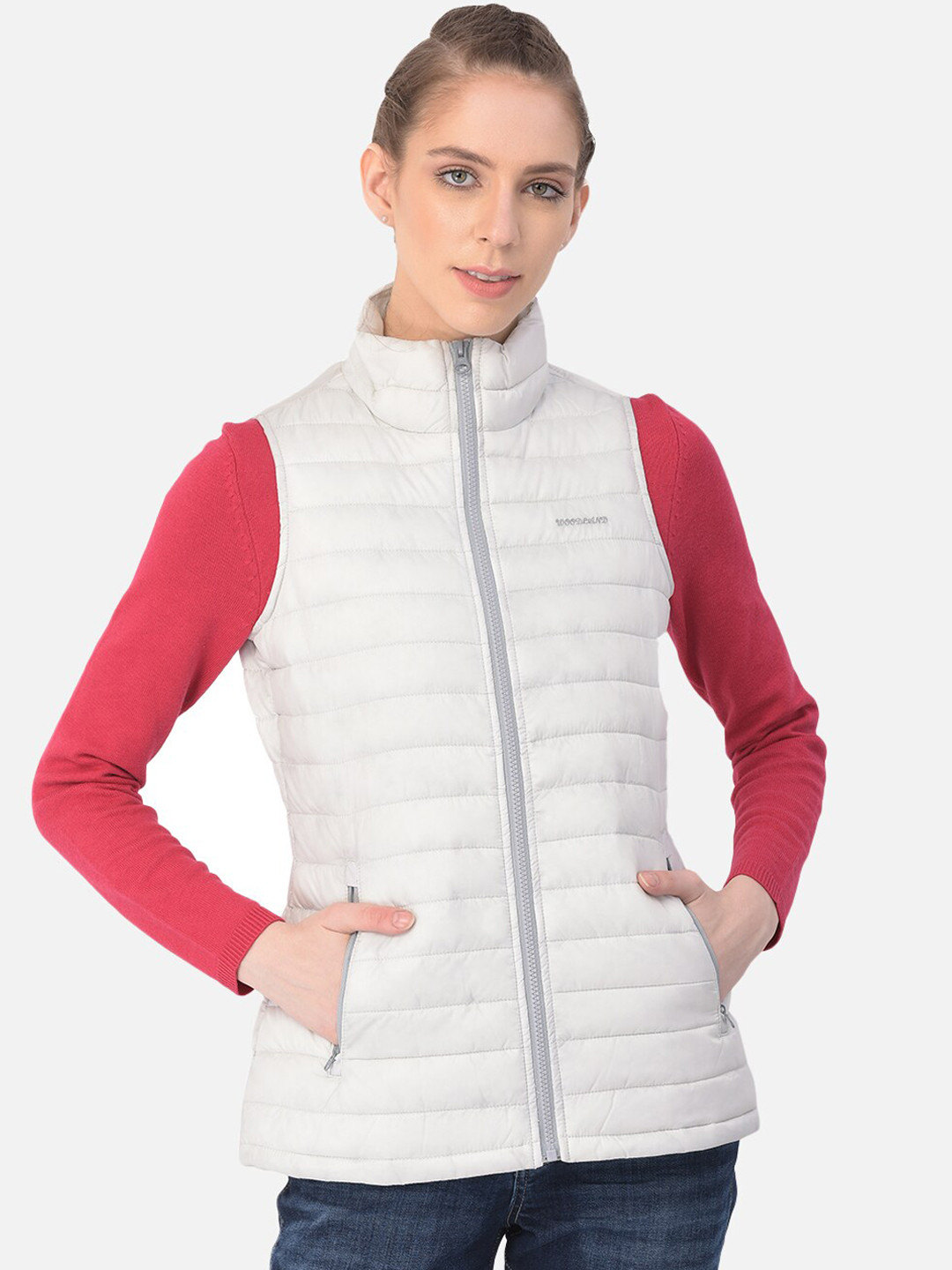 Woodland Women Off White Striped  Quilted Jacket