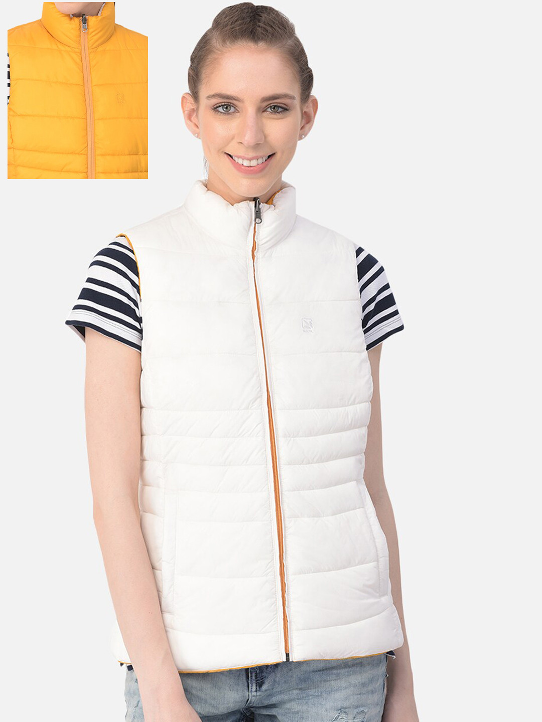 Woodland Women Mustard & White Pack of 2 Puffer Jacket
