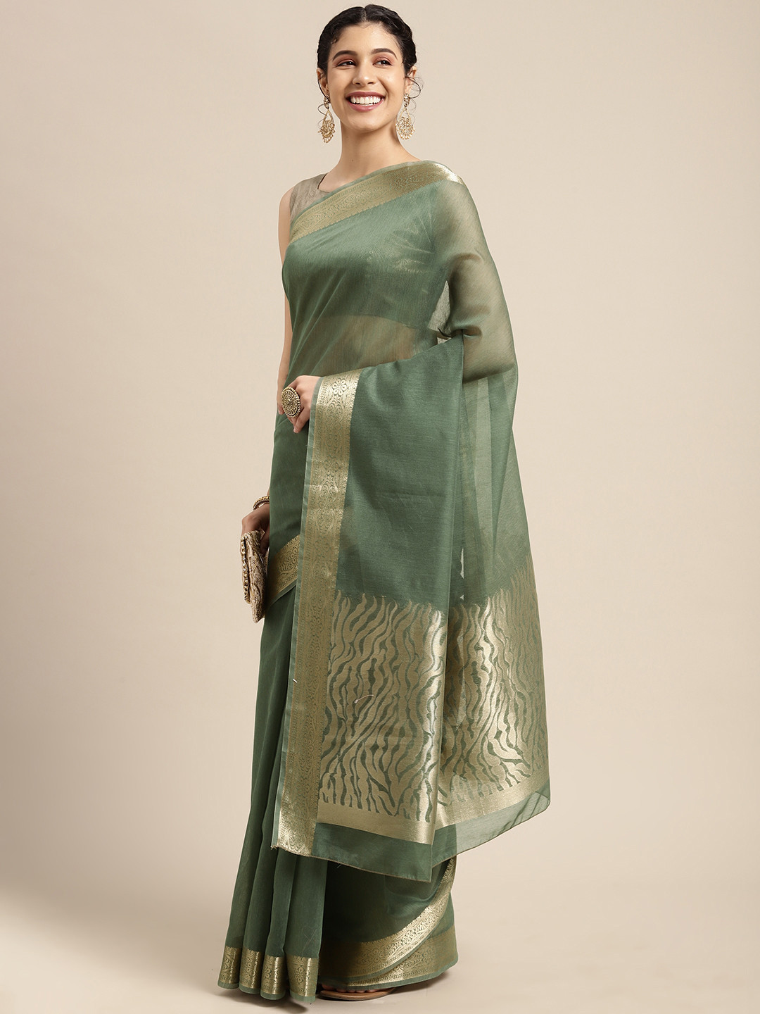 Saree mall Green & Golden Ethnic Motifs Woven Design Traditional Taant Sarees