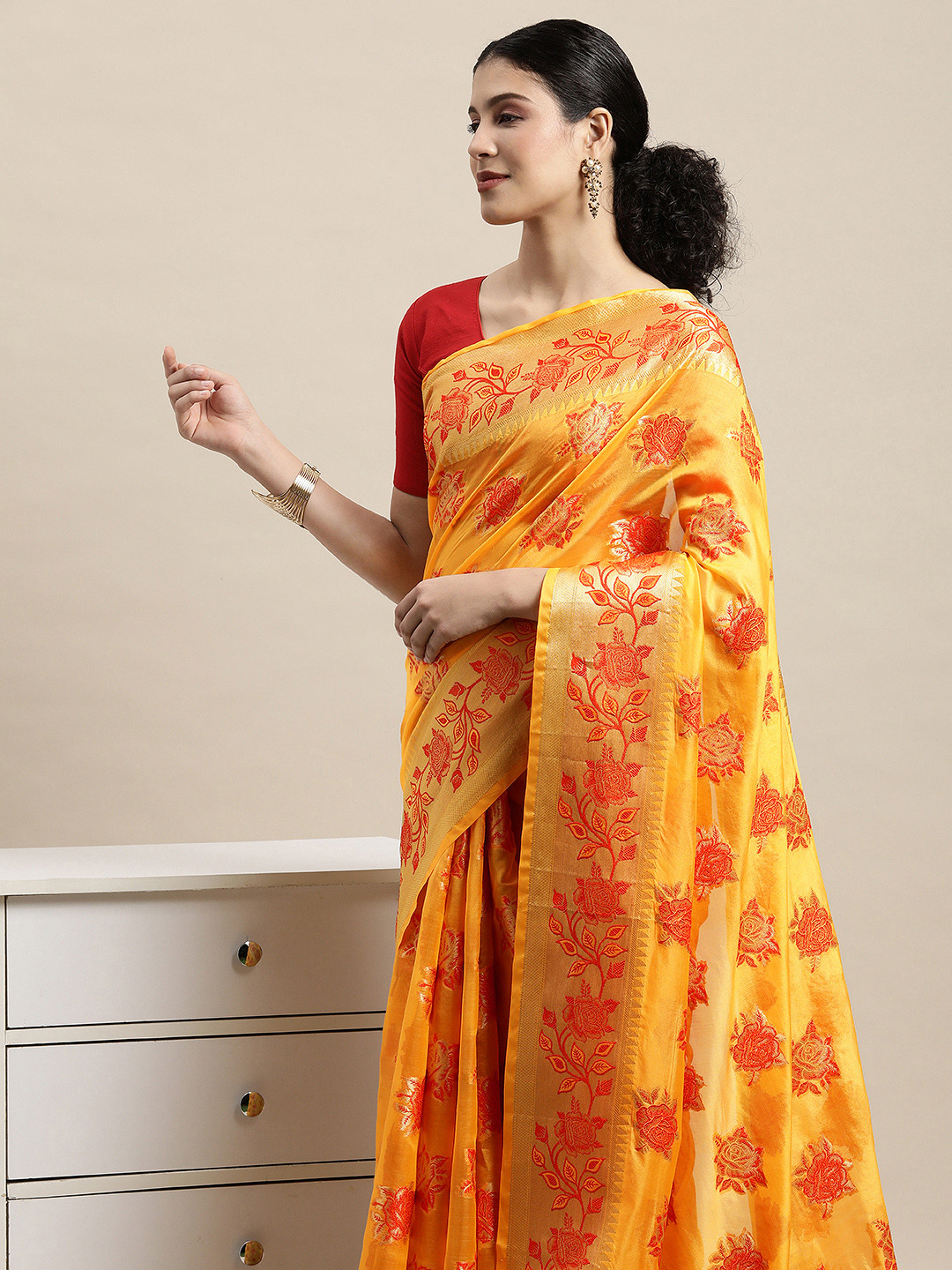 Saree Swarg Yellow & Red Ethnic Motifs Zari Organza Banarasi Sarees