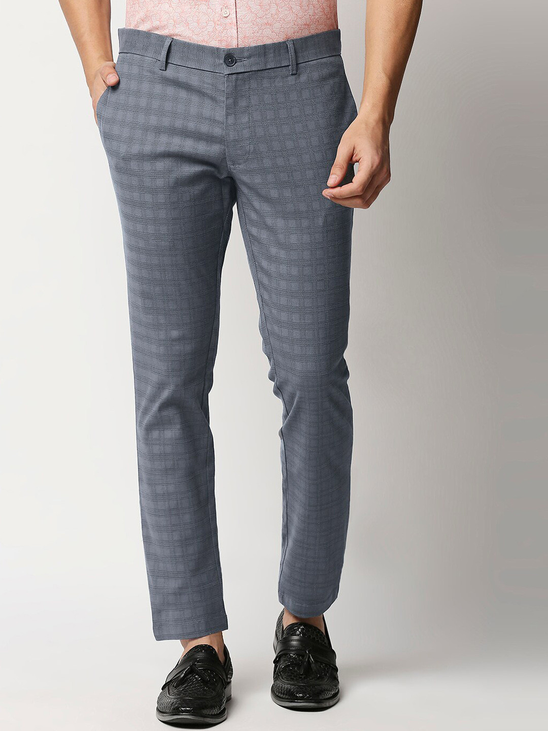 Basics Men Blue Checked Tapered Fit Stretchable Trousers