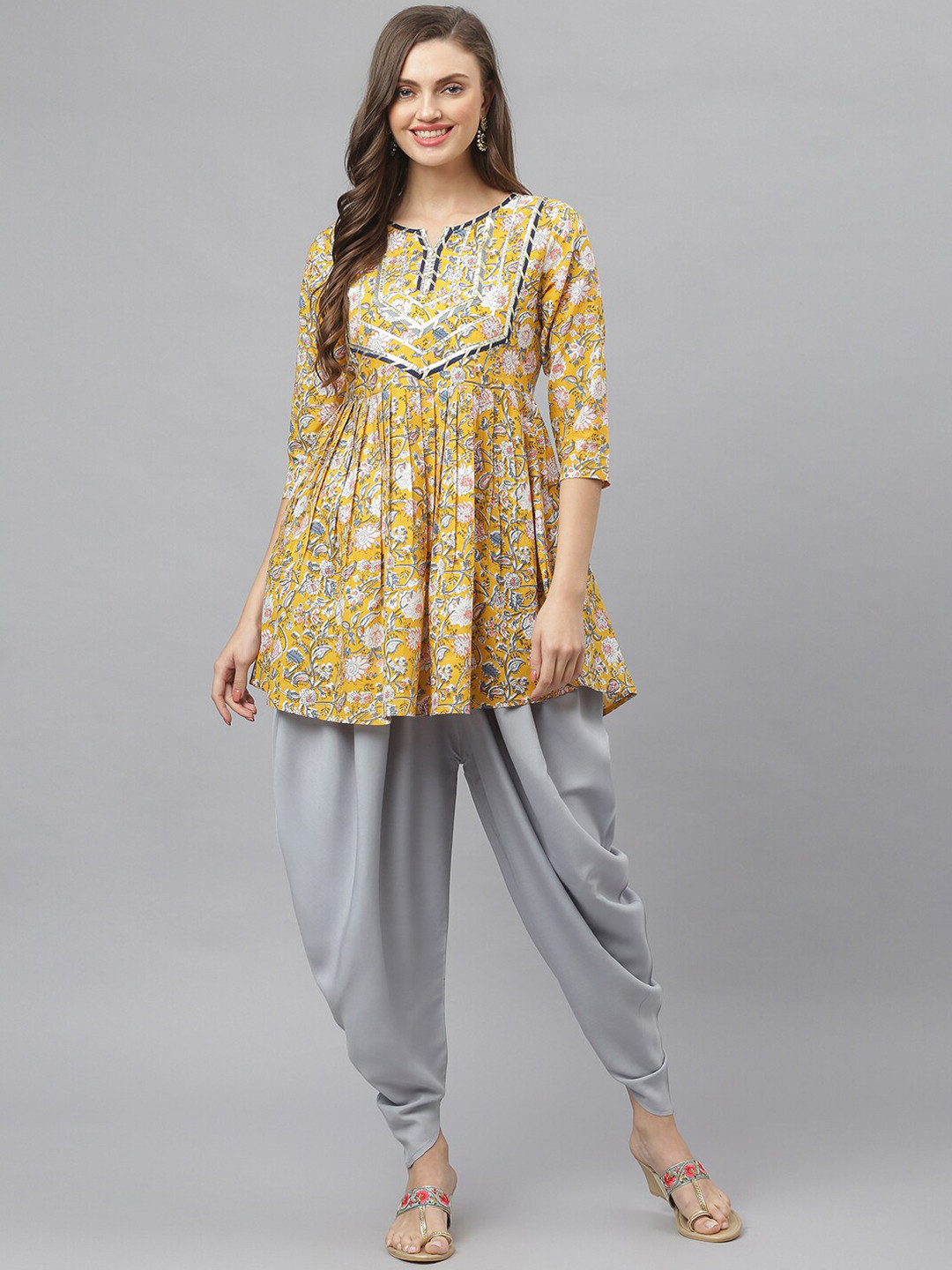 Stylum Women Mustard Yellow & Grey Ethnic Motifs Printed Pure Cotton Fusion Kurti with Dhoti Pant