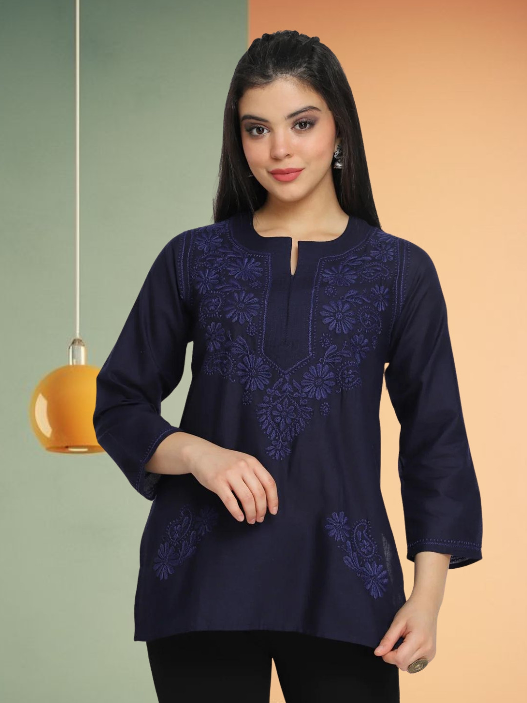 PARAMOUNT CHIKAN Navy Blue Ethnic Motifs Embroidered Chikankari Kurti