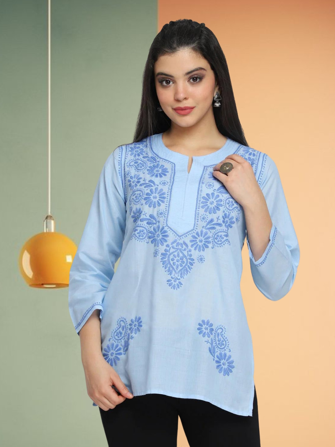 PARAMOUNT CHIKAN Blue & almost apricot Ethnic Motifs Embroidered Chikankari Chikankari Kurti