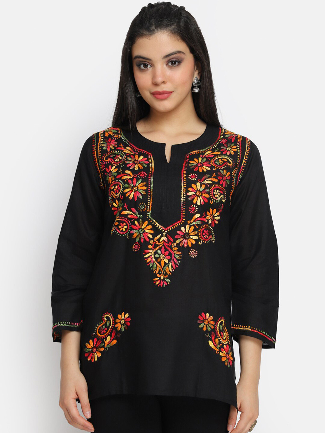 PARAMOUNT CHIKAN Black & Red Ethnic Motifs Embroidered Chikankari Chikankari Kurti