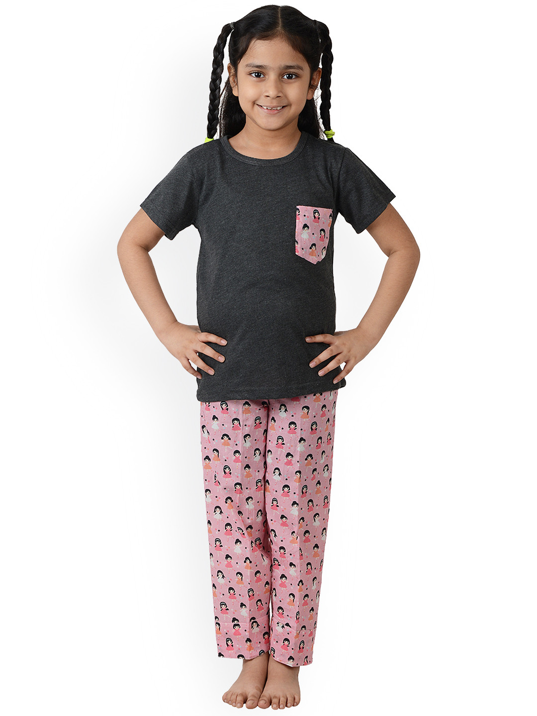 frangipani Kids Girls Charcoal & Pink Night Suit