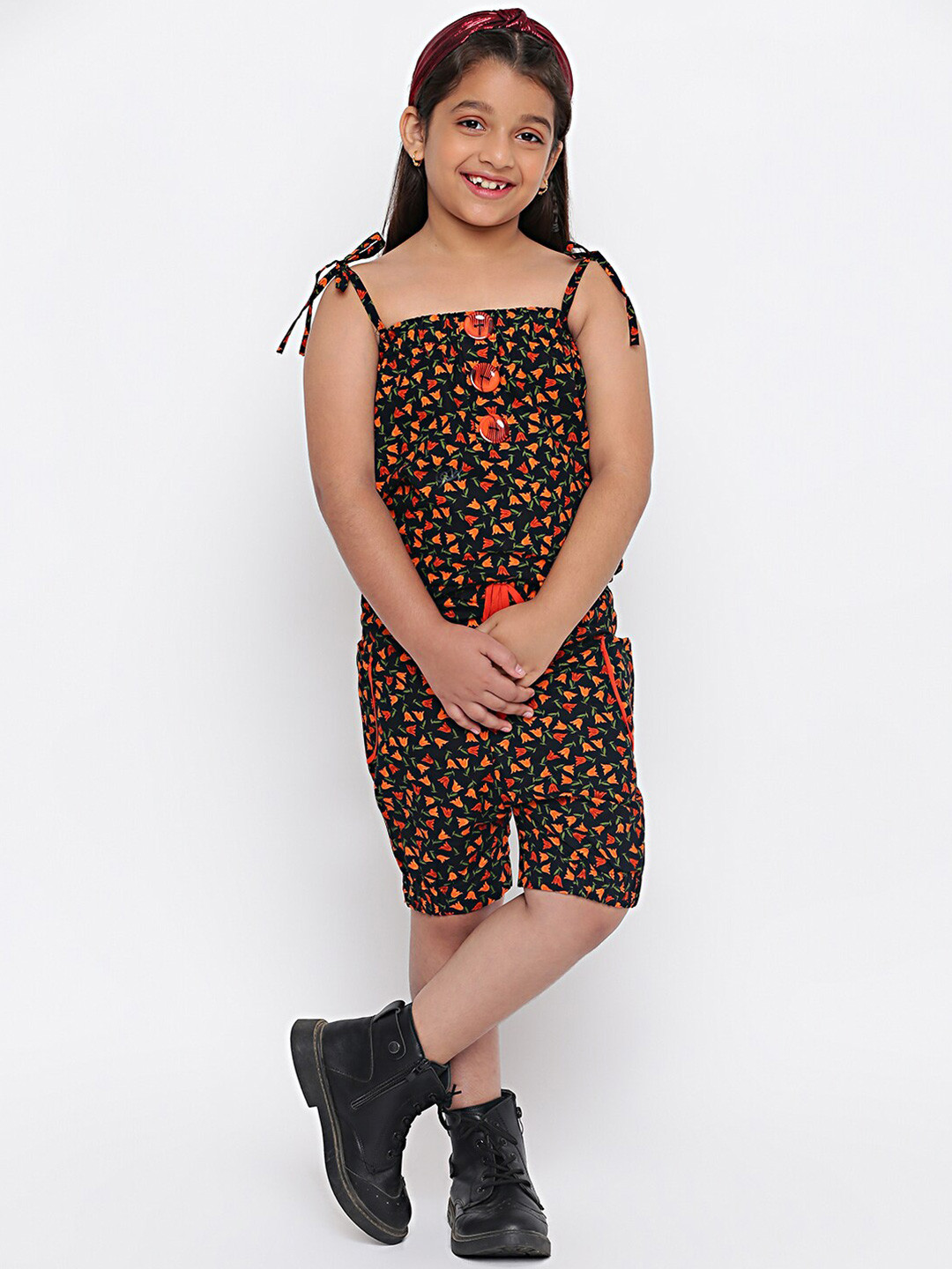 SKY HEIGHTS Girls Orange & Black Printed Playsuit
