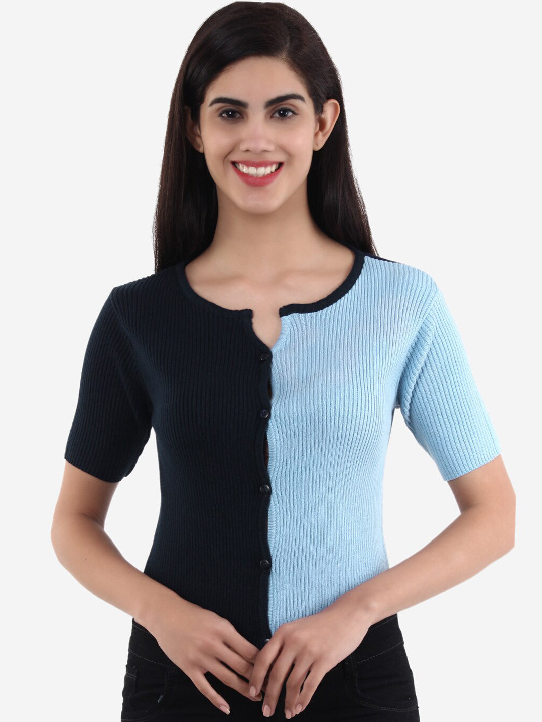 JoE Hazel Navy Blue Colourblocked Pure Cotton Top