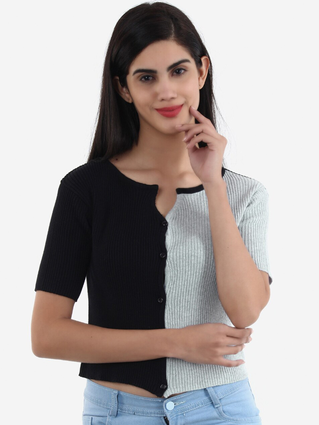 JoE Hazel Black & Grey Colourblocked Cotton Top