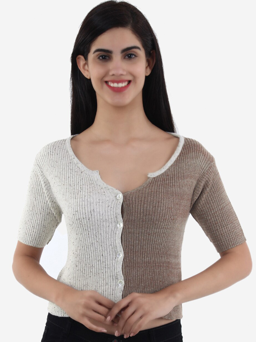 JoE Hazel Off White & Beige Colourblocked Cotton Top