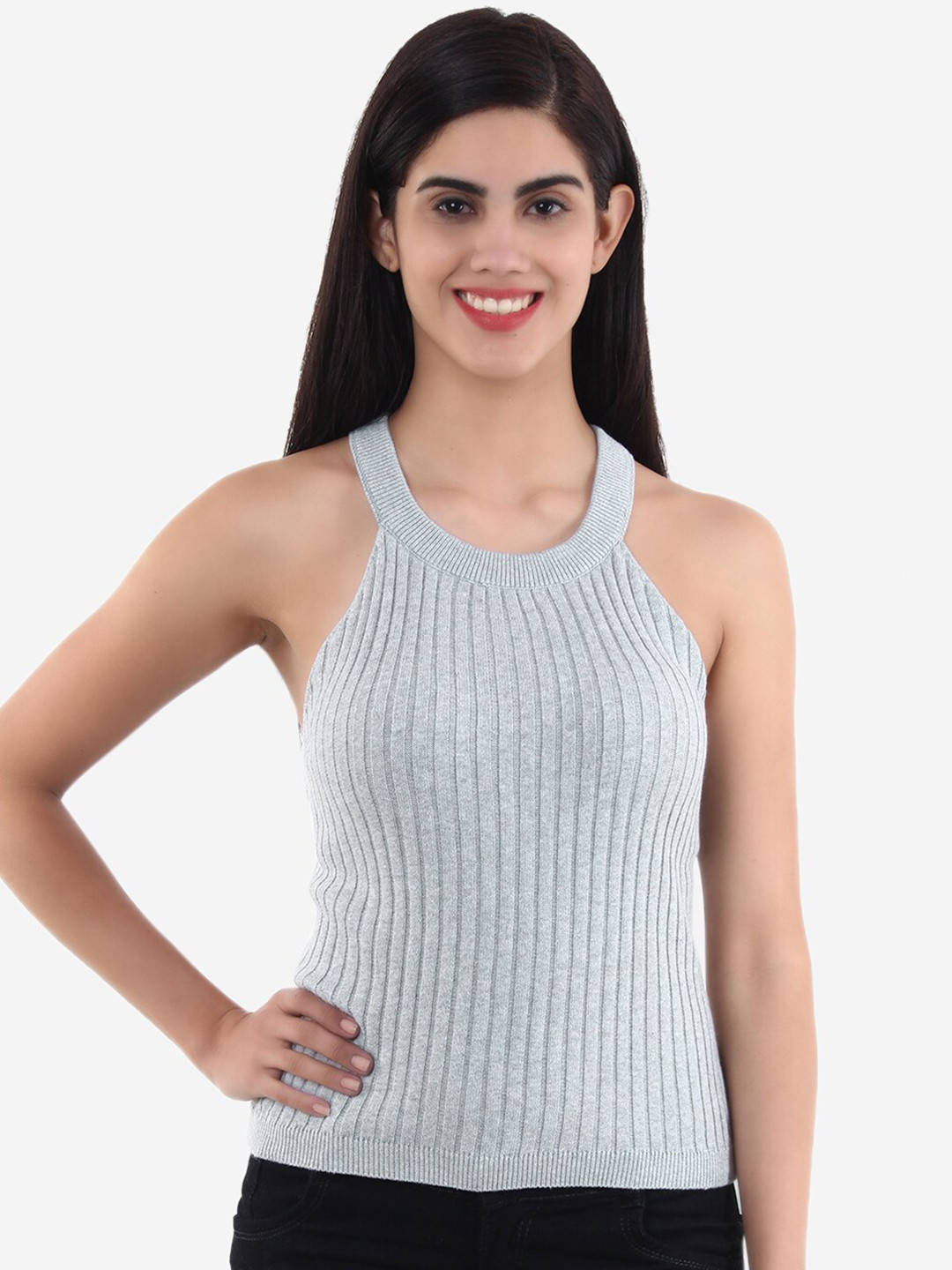 JoE Hazel Women Grey Halter Neck Cotton Fitted Top