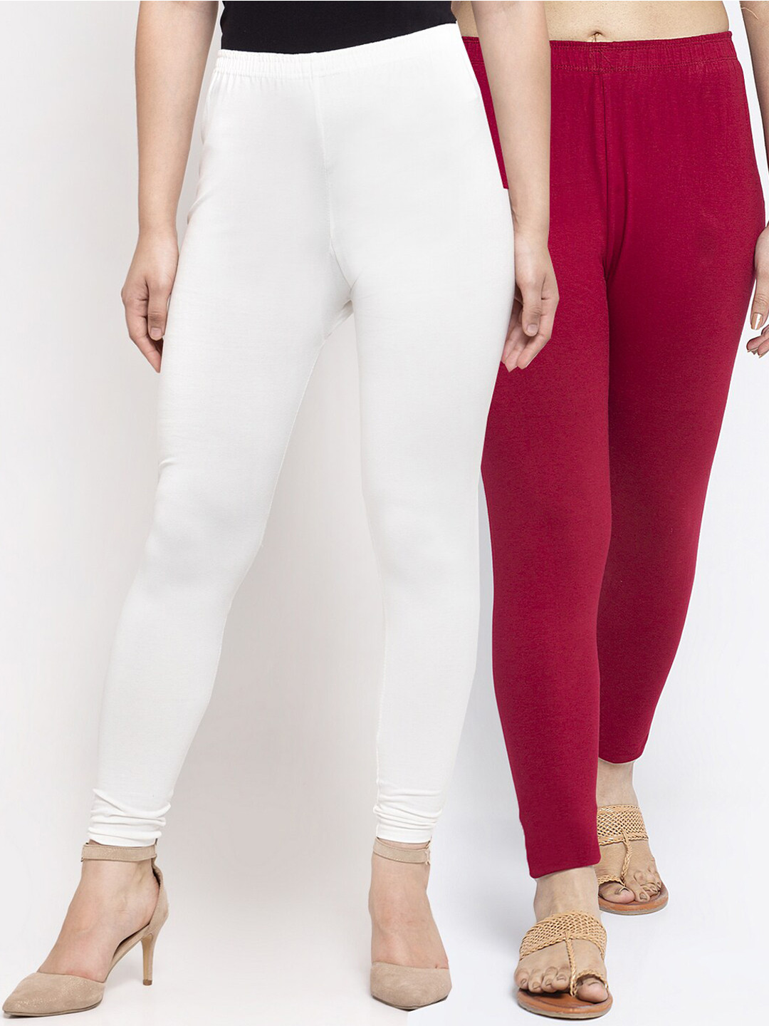 Jinfo Women White & Maroon Pack of 2 Cotton Lycra Legging