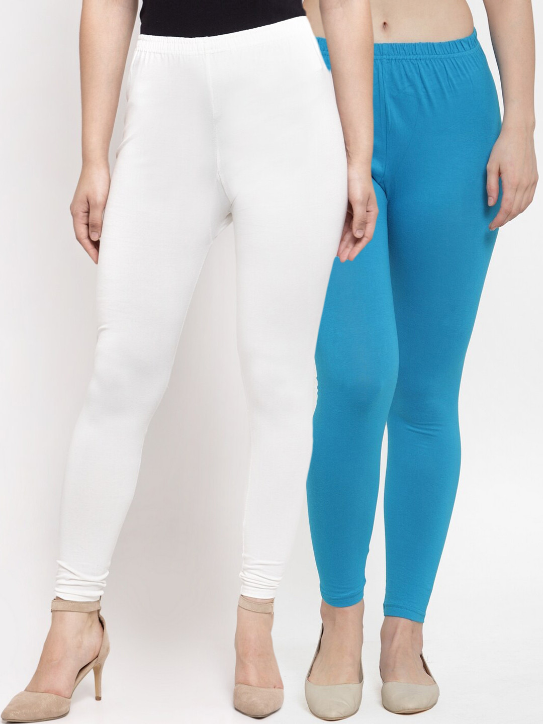 Jinfo Pack of 2 Women White & Turquoise Blue Solid Cotton Lycra Leggings