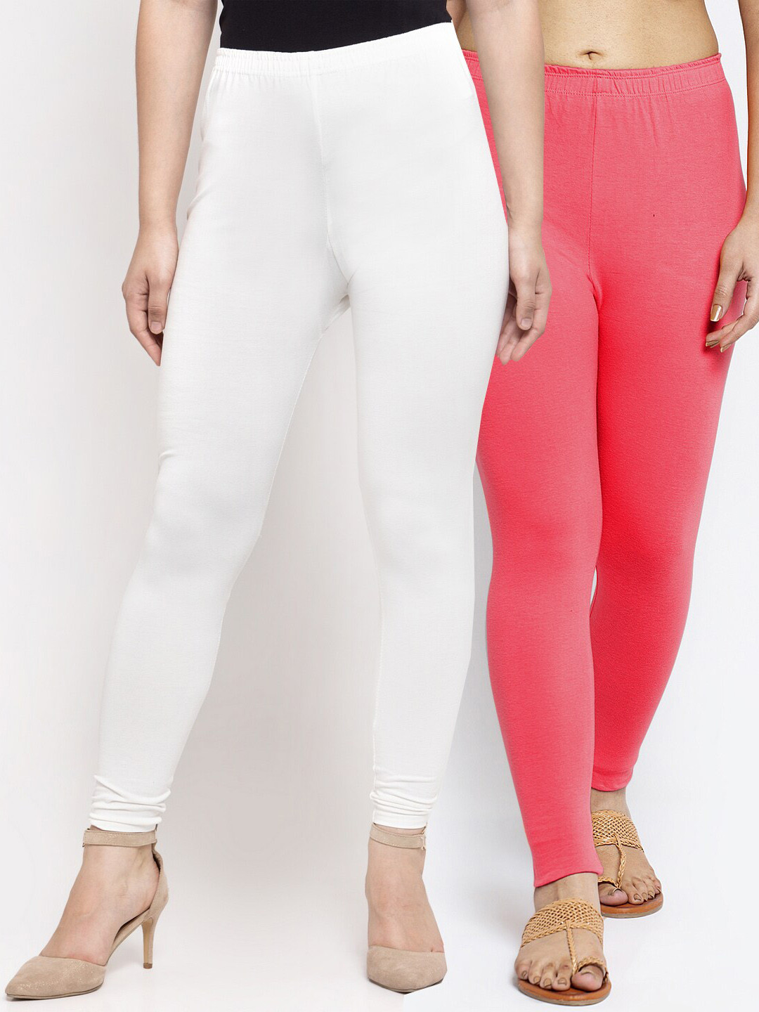 Jinfo Women White & Peach Pack Of 2 Solid Ankle-Length Leggings
