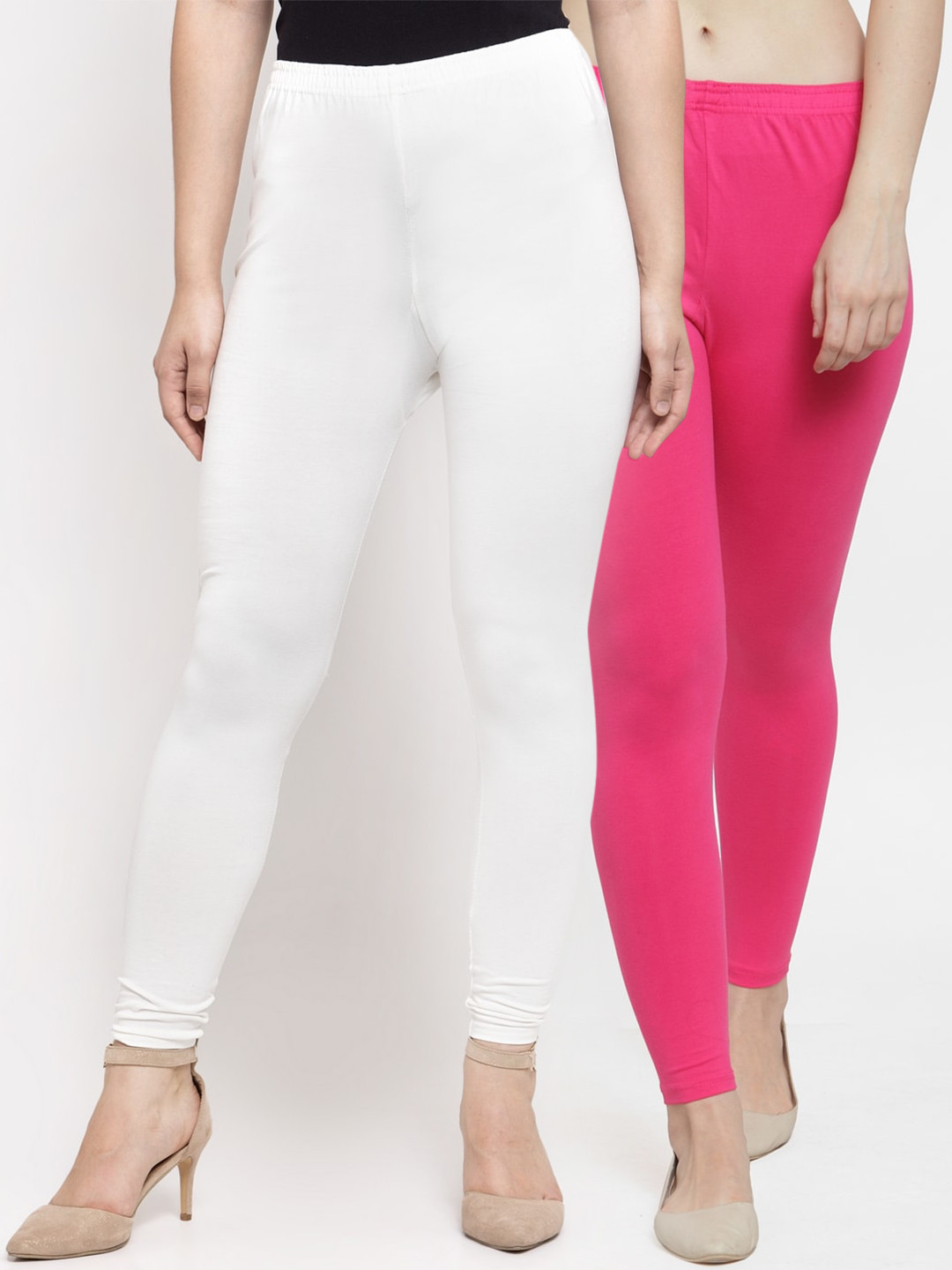 Jinfo Pack of 2 Women White & Pink Solid Cotton Lycra Leggings