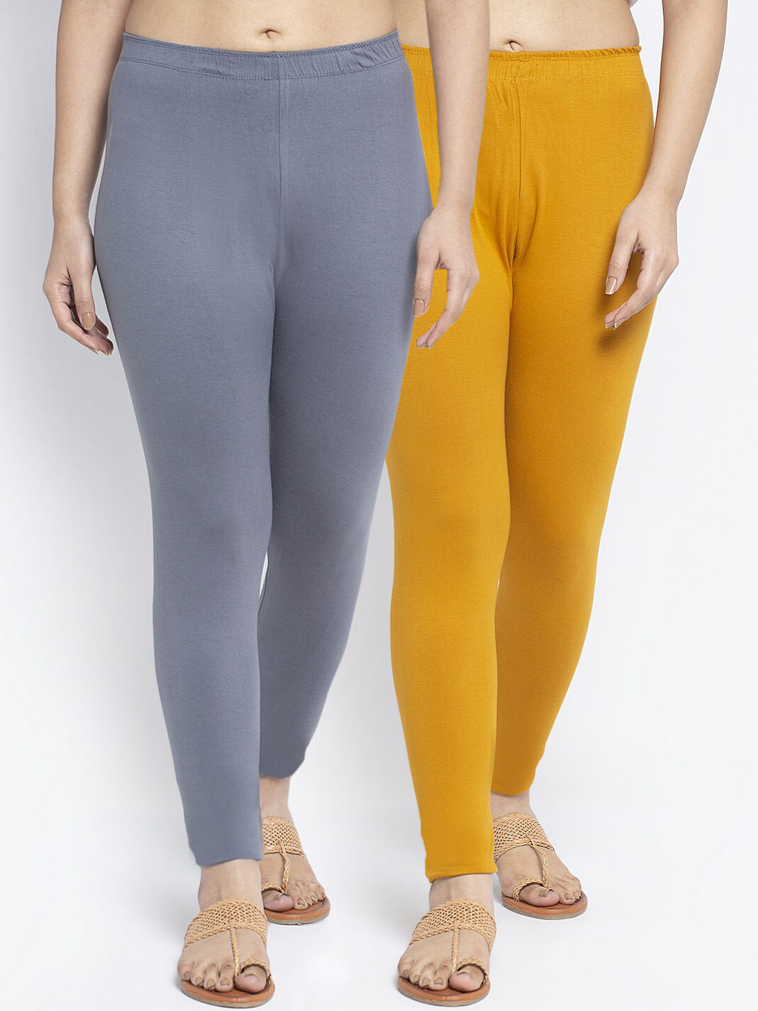 Jinfo Women Pack of 2 Grey & Mustard Yellow Solid Ankle Length Super Combed Leggings