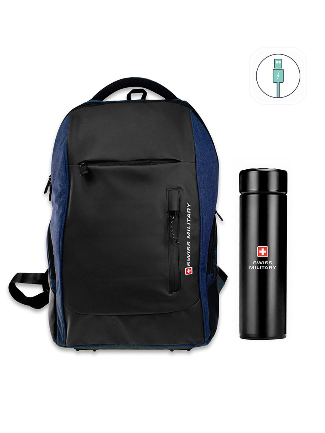 SWISS MILITARY Unisex Blue Brand Logo Backpack with Digital Vacuum Flask