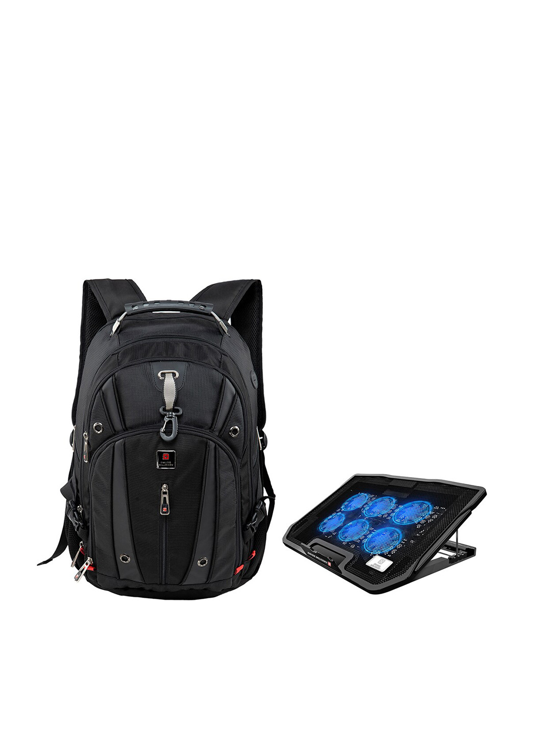 SWISS MILITARY Unisex Set Of 2 Black Solid Laptop Backpack with Laptop Cooling Flexi Stand