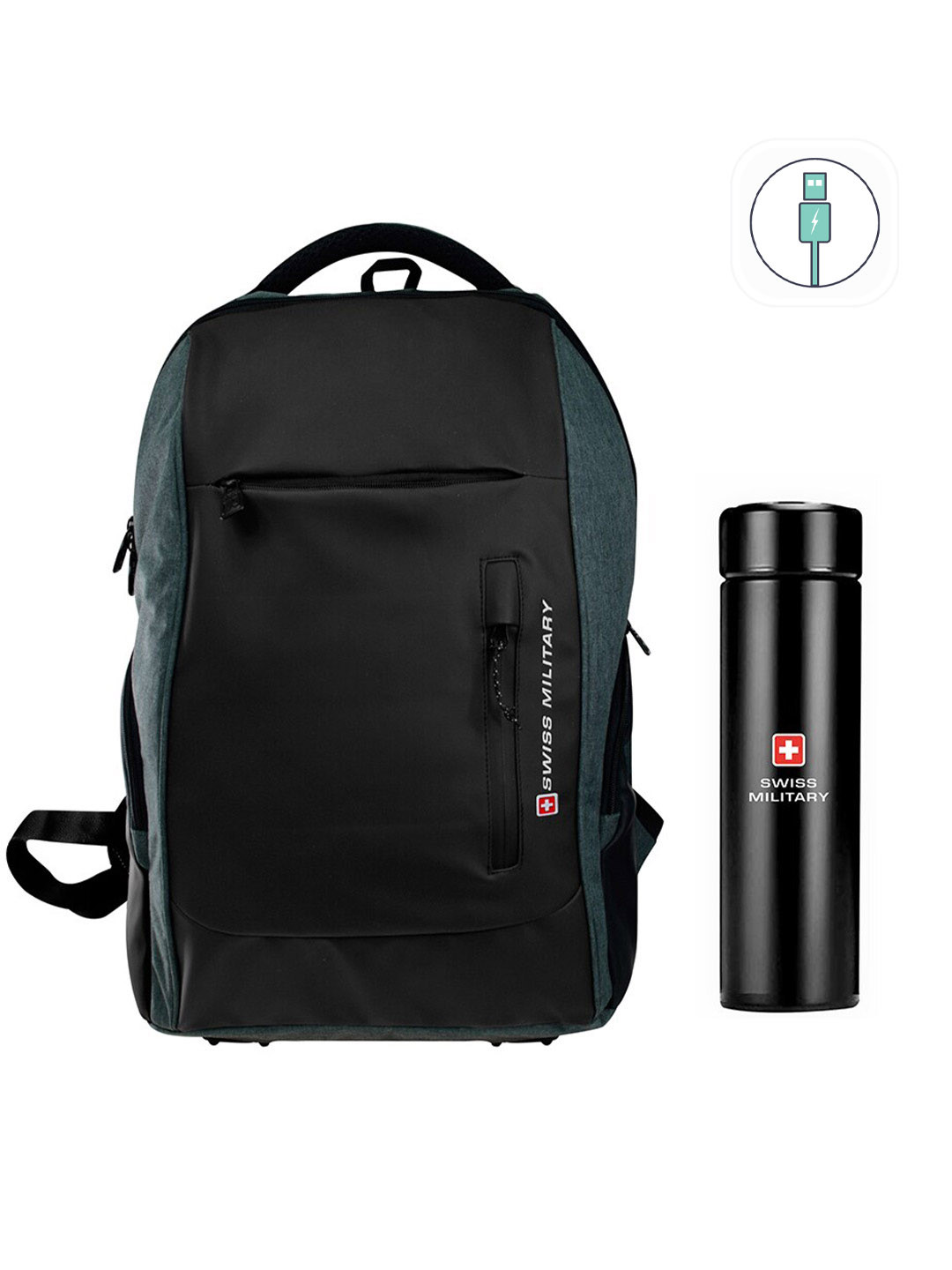 SWISS MILITARY Unisex Grey & Black USB Charging Port Backpack with Digital Vacuum Flask