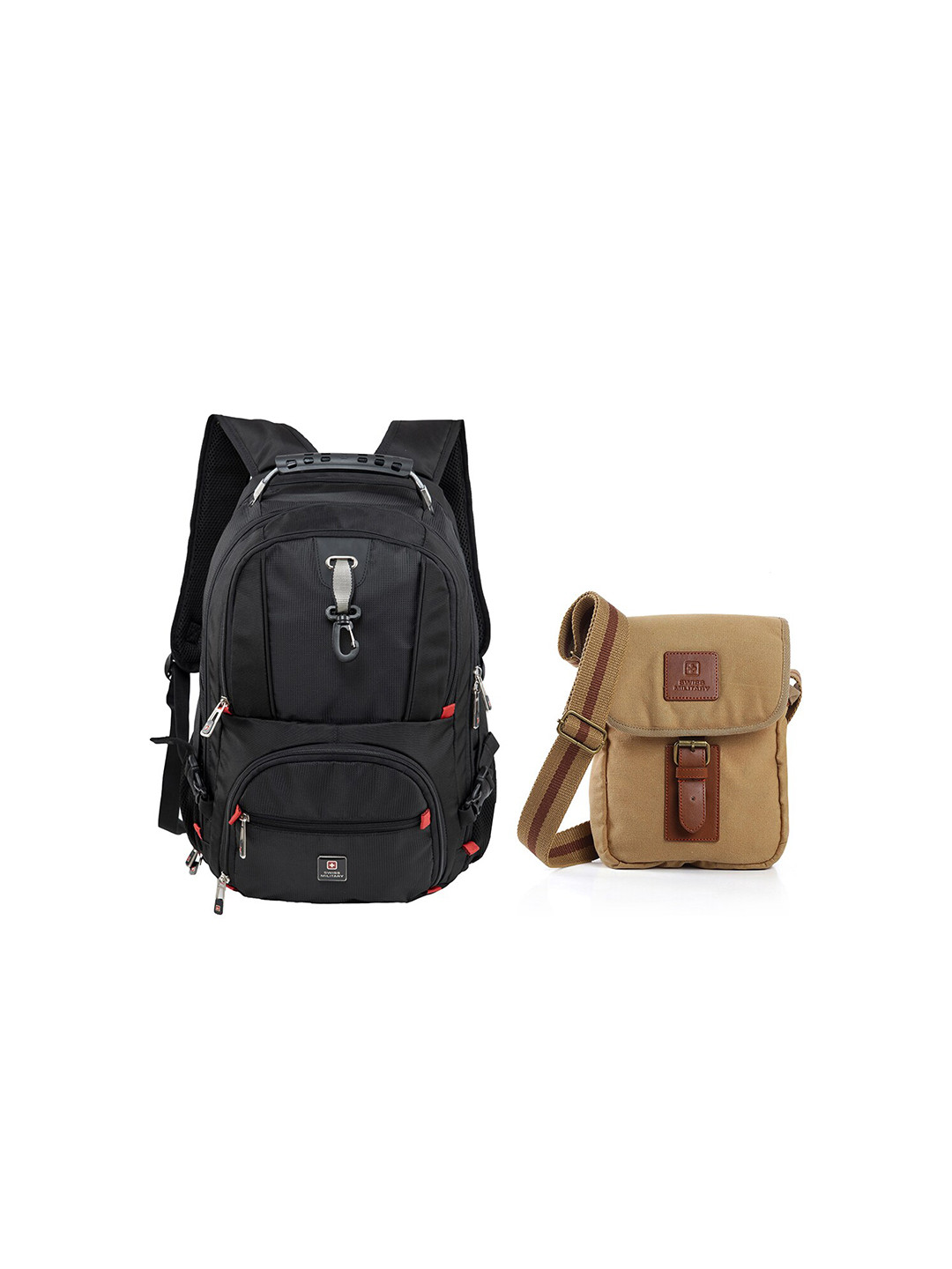 SWISS MILITARY Unisex Set of 2 Black & Beige Laptop Backpack & Canvas Sling Bag