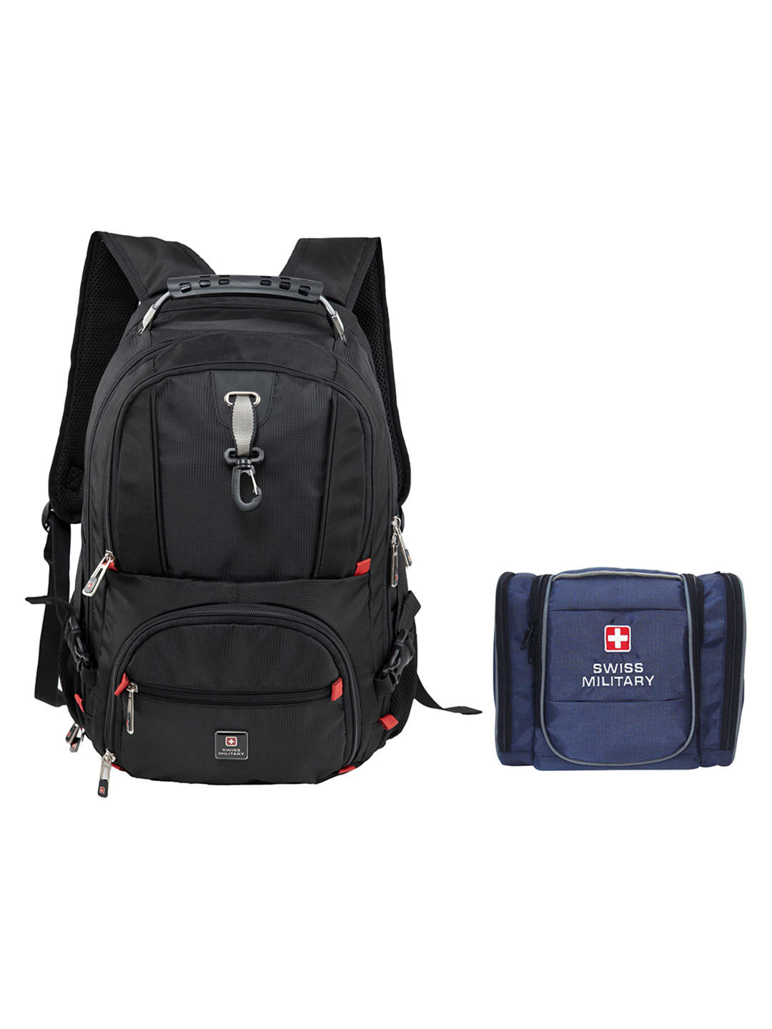 SWISS MILITARY Unisex Set Of 2 Black & Blue Backpack with USB Charging Port & Toiletry Bag