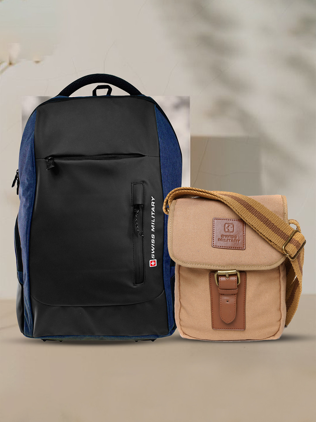 SWISS MILITARY Unisex Set of 2 Blue & Beige Backpack with Sling Bag