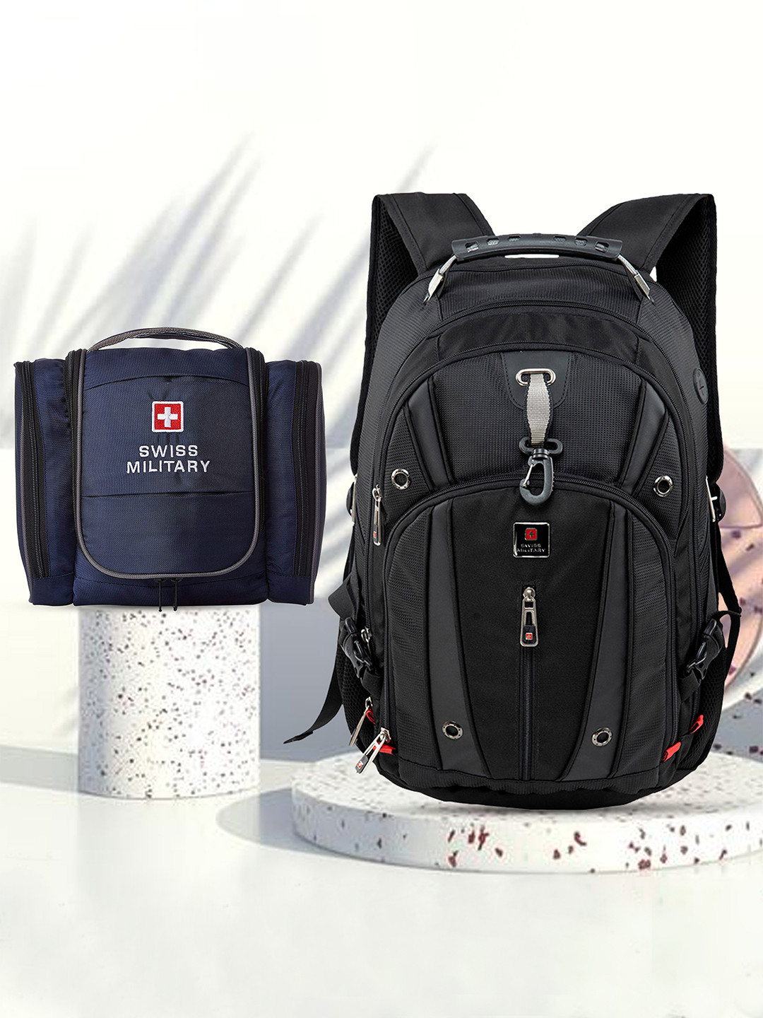 SWISS MILITARY Unisex Black & Blue Brand Logo Backpack with Blue Toiletry Bag