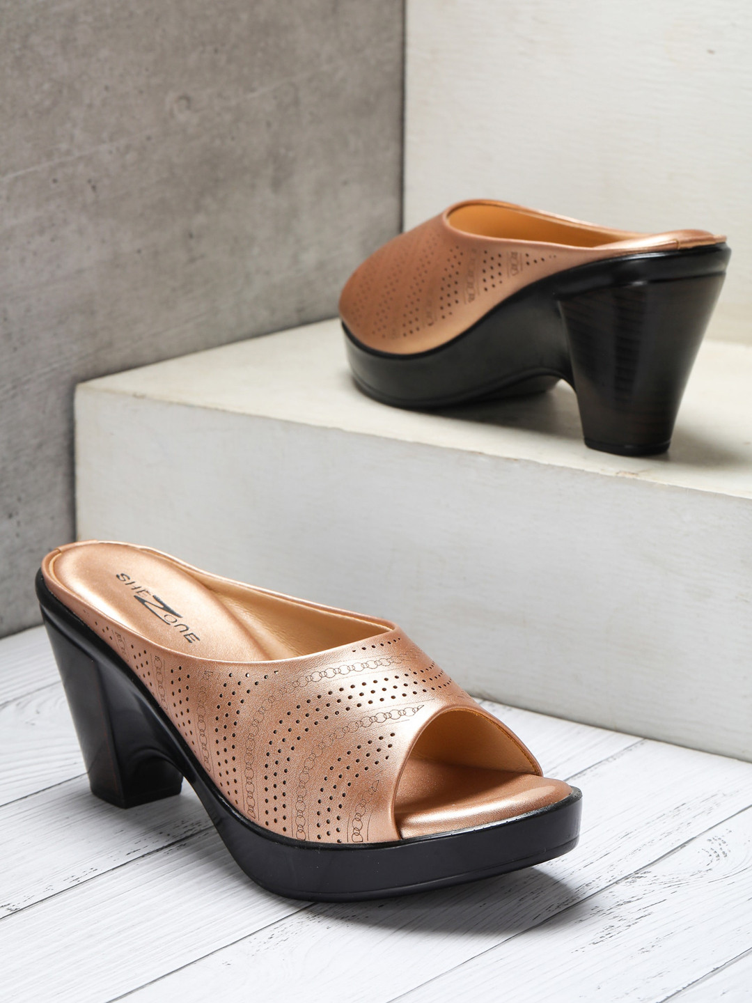 Shezone Rose Gold Textured Platform Heels with Laser Cuts