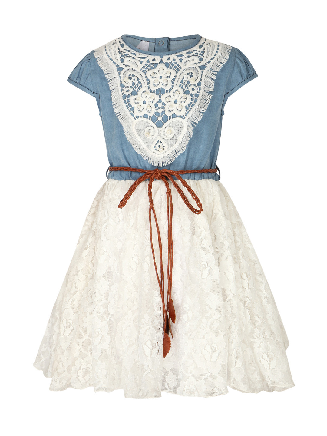 StyleStone Girls Blue Lace Denim Fit and Flare Dress