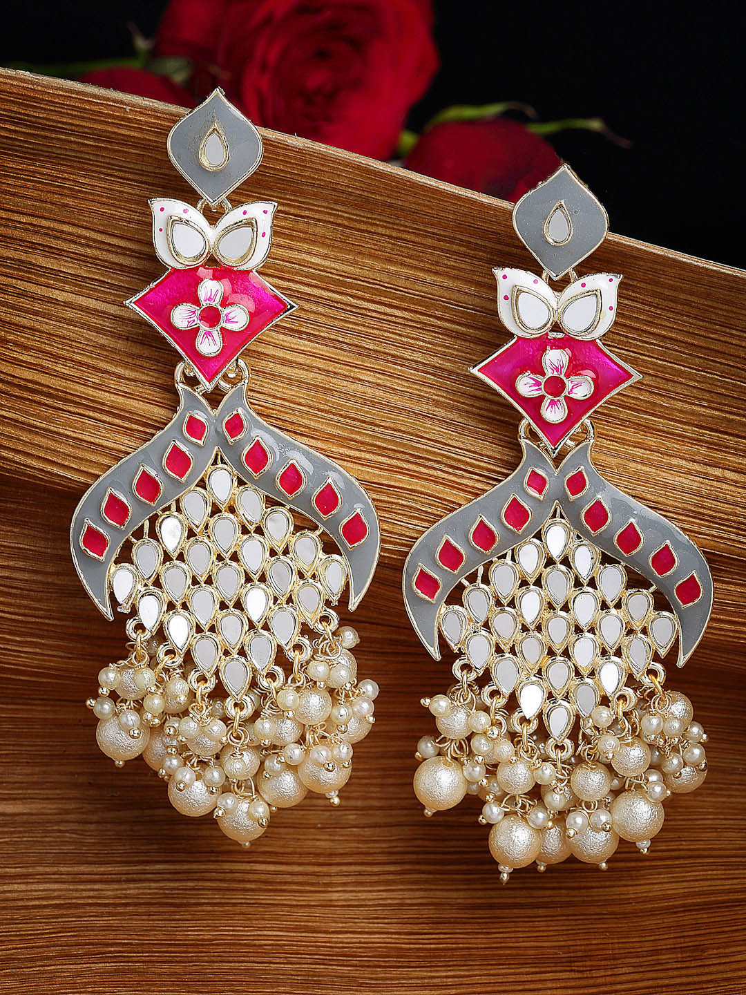 PANASH Gold-Plated Mirror Work Meenakari Floral Pearl Drop Earrings