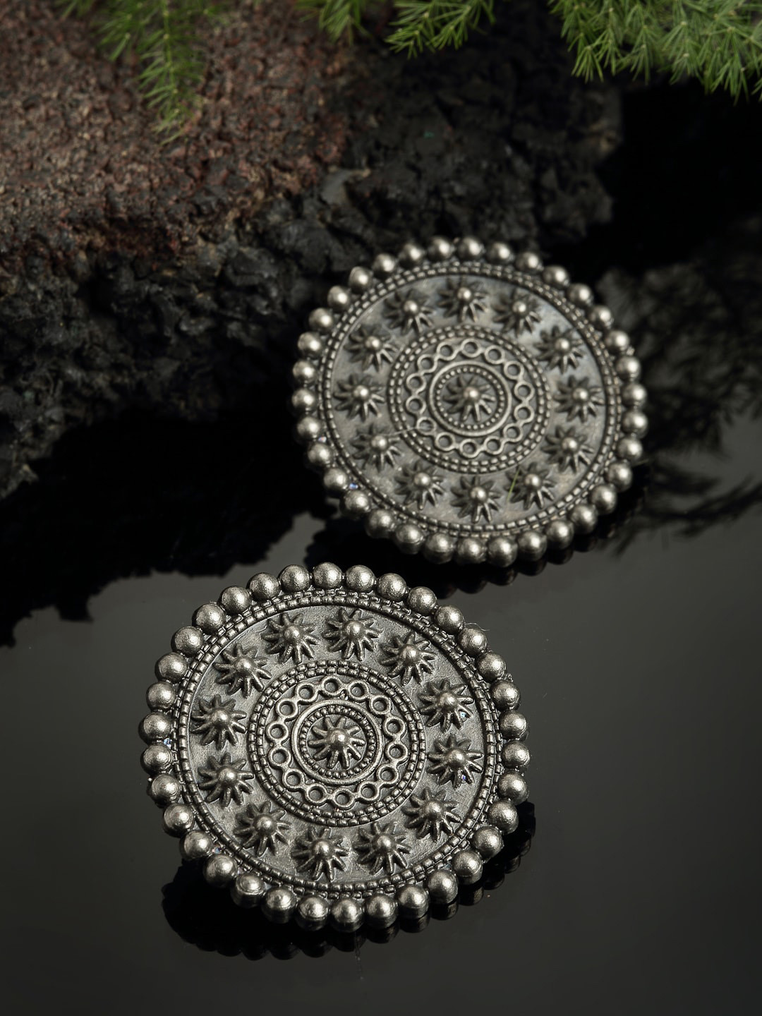 PANASH Oxidized Silver-Toned Oversized Circular Stud Earrings