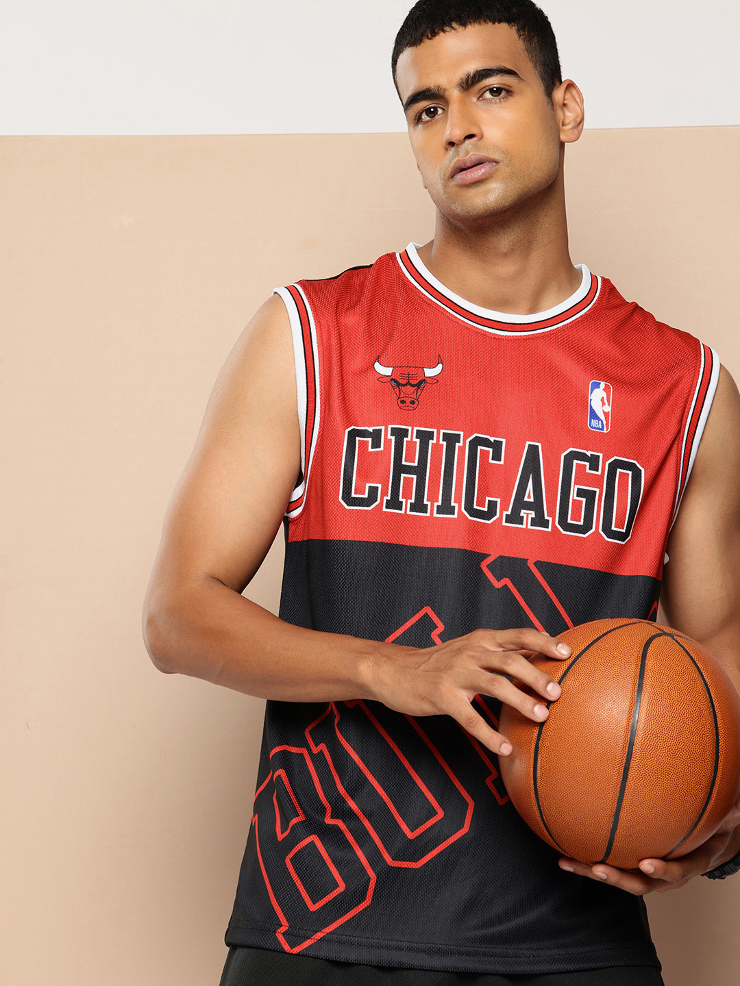 NBA Men Black & Red Chicago Bulls Print Game Jersey