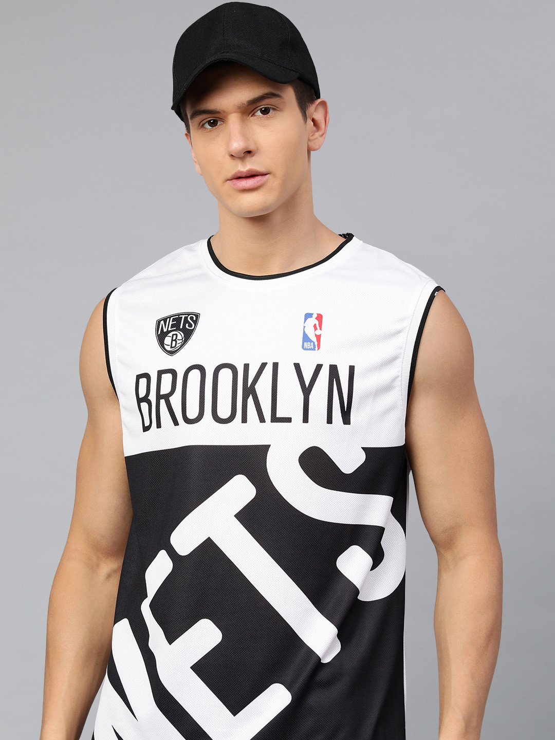 NBA Men White & Black Brooklyn Nets Sleeveless Game Jersey