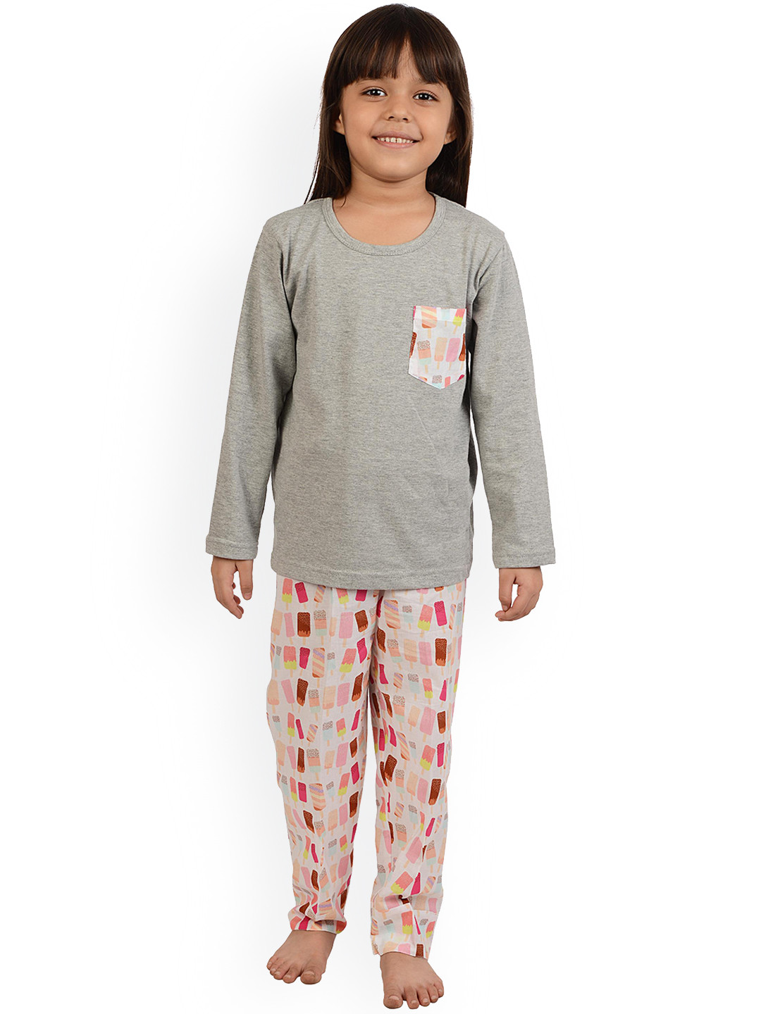frangipani Unisex Kids Grey & Pink Printed Pure Cotton Night suit