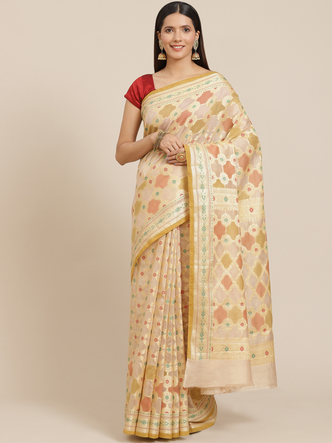 Banarasi Style Beige & Golden Ethnic Motifs Woven Design Banarasi Saree