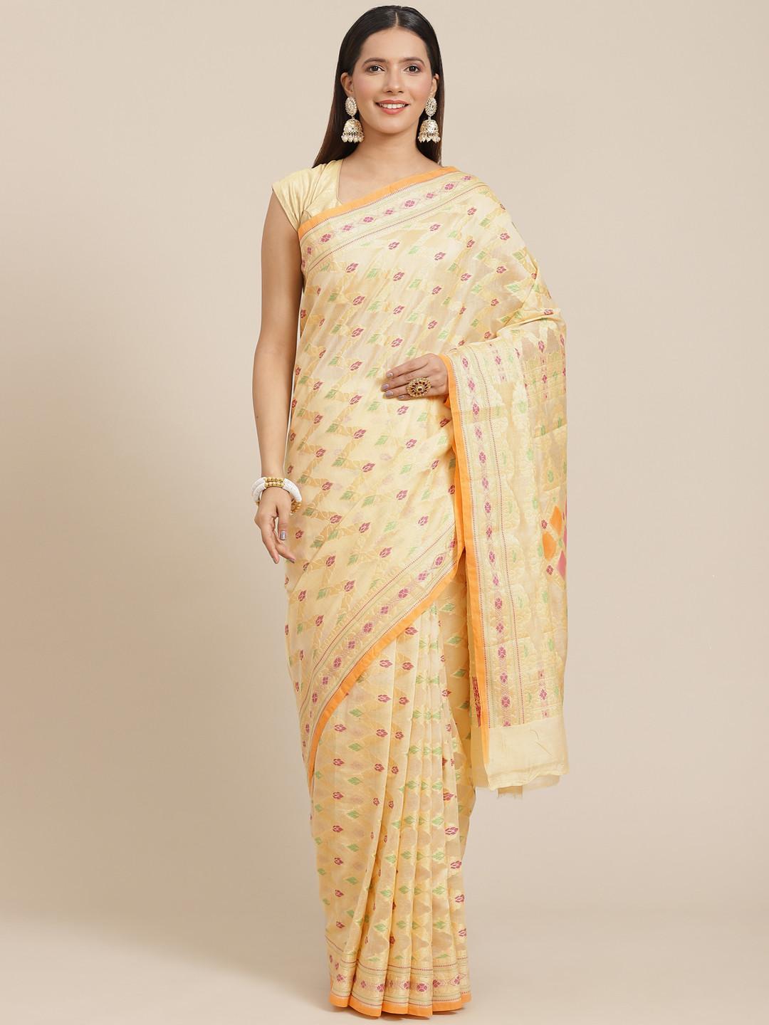 Banarasi Style Yellow & Burgundy Ethnic Motifs Banarasi Saree