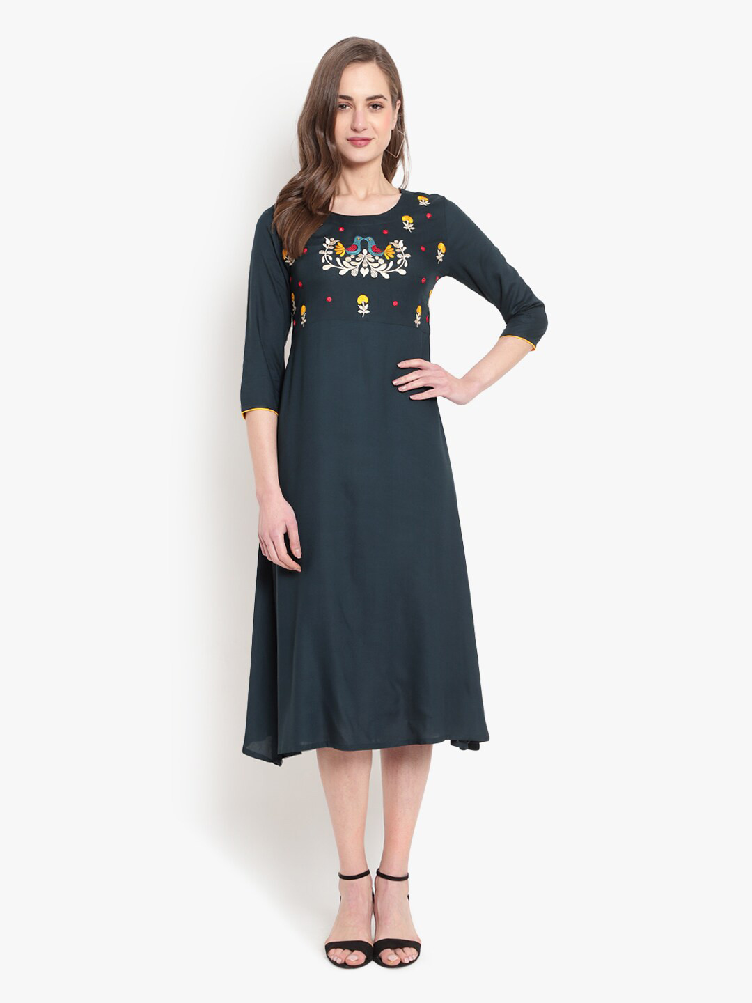 Ashlee Green Floral Embroidered Ethnic A-Line Dress