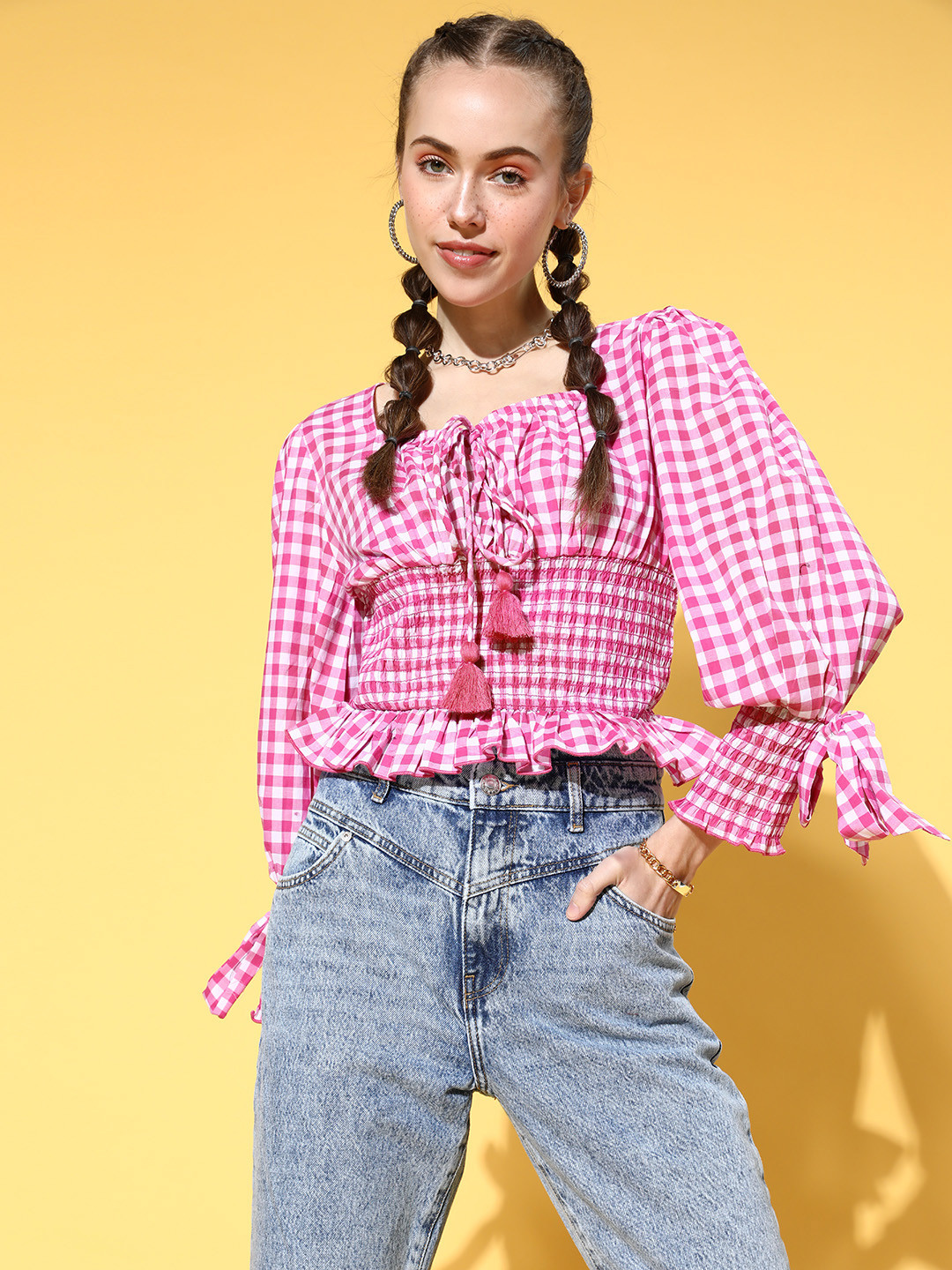 Antheaa Women Bright Fuchsia Checked Summer Gingham Top