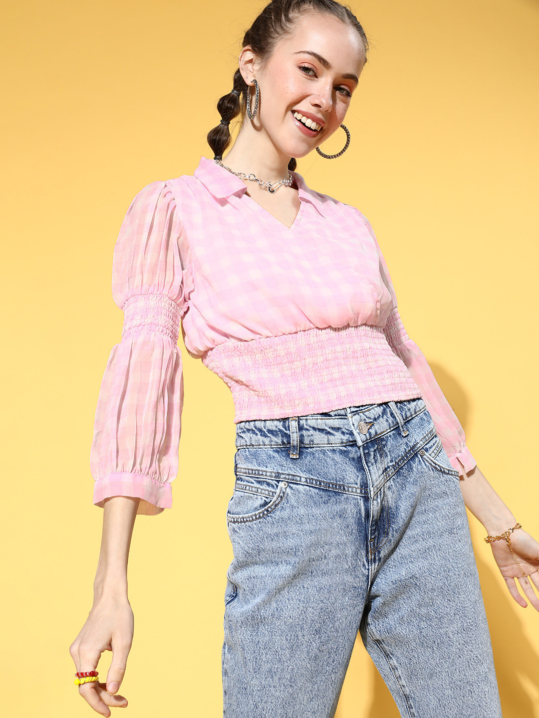 Antheaa Women Pretty Pink Checked Summer Gingham Top