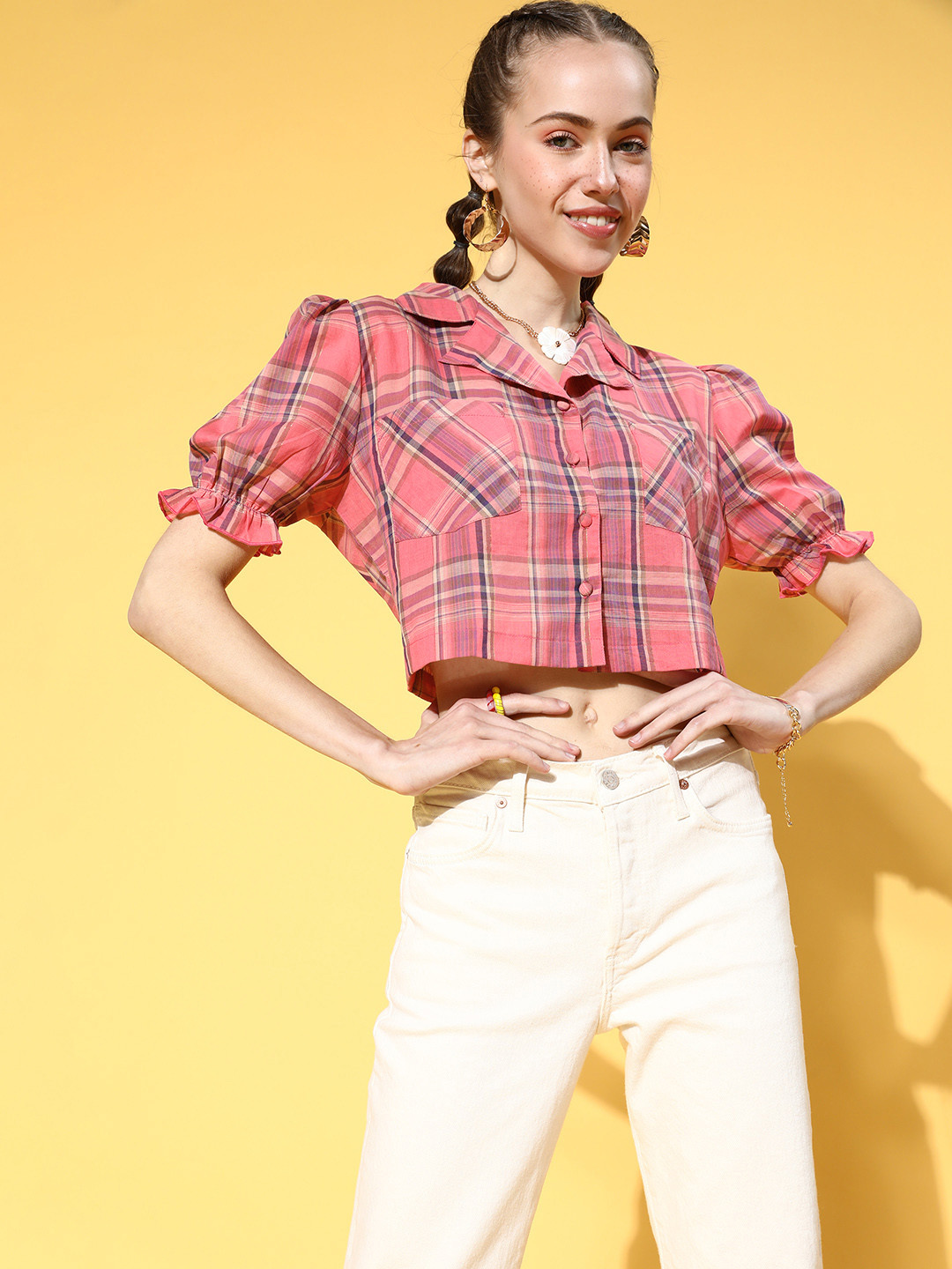 Antheaa Women Pretty Pink Checked Summer Gingham Top