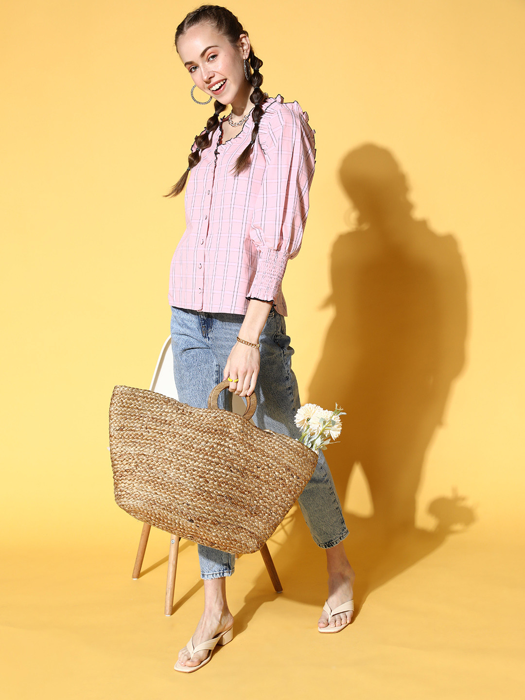 Antheaa Women Pretty Pink Checked Summer Gingham Top