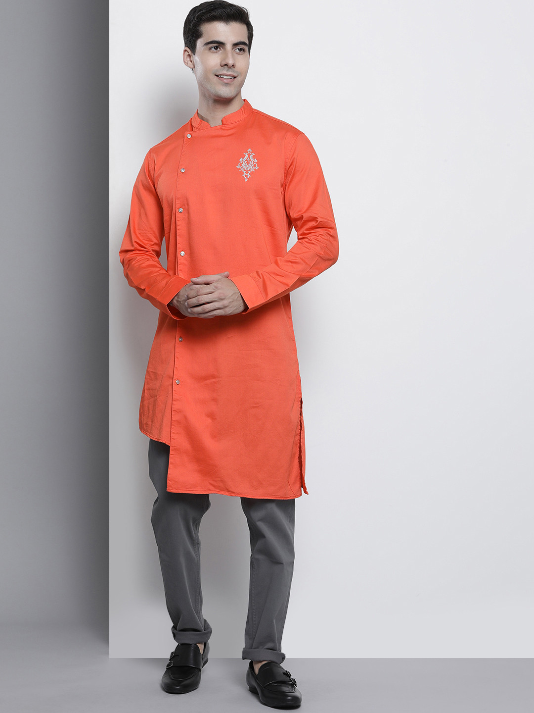 The Indian Garage Co Men Coral Orange Pure Cotton Kurta