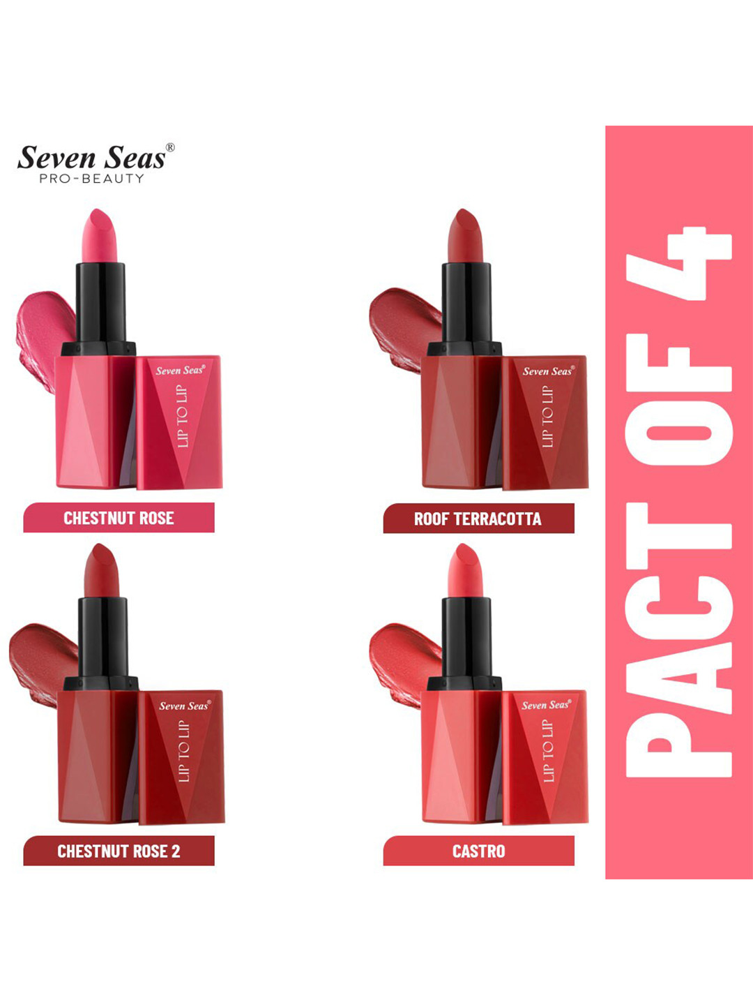 Seven Seas Pack of 4 Matte With You Lipstick, 3.8g each