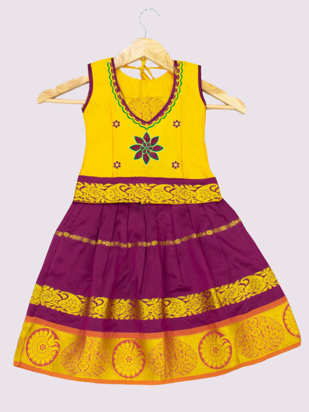 AMIRTHA FASHION Girls Maroon & Yellow Embroidered Ready to Wear Lehenga & Choli
